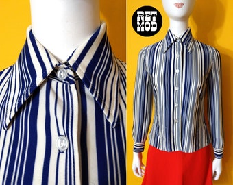 Cool Vintage 60s 70s Navy Blue & White Stripe Button Down Collared Shirt