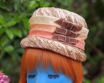 Sassy Mod Vintage 60s Taffeta High Crown Hat with Velvet Ribbon