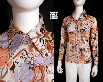 Funky Cute Vintage 1970s Purple and White Retro Foral Shirt