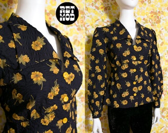 Vintage 70s does 40s Black & Yellow Floral Collared Blouse with Waist Tie