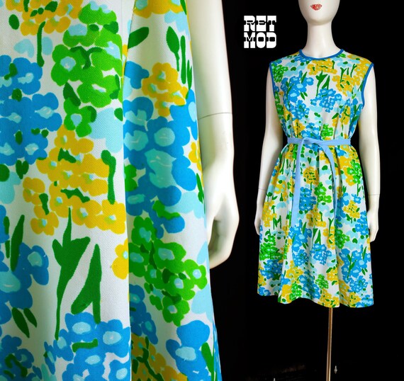 Fun Vintage 60s 70s Blue Yellow Green White Floral Poly Dress