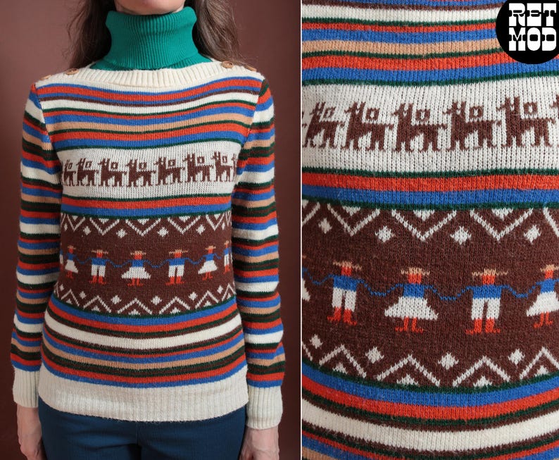 May include: A vintage sweater with a green turtleneck and a cream-colored base. The sweater features horizontal stripes in various colors and detailed patterns of llamas and figures in traditional clothing. The overall design is a blend of retro and folk styles.