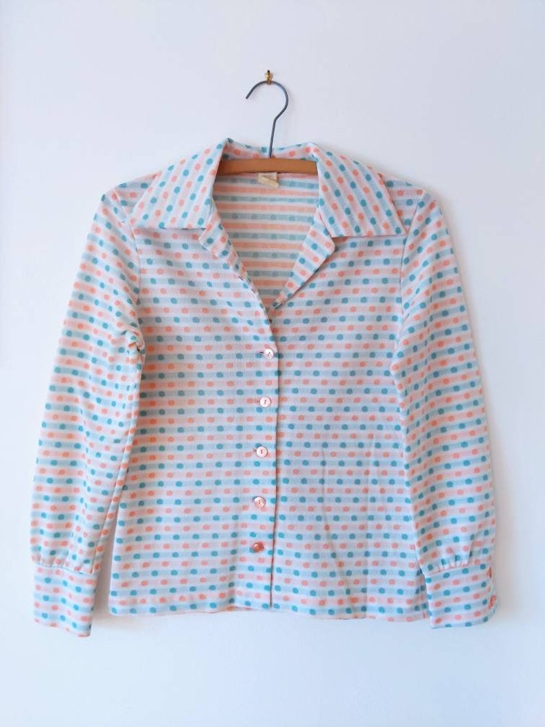 Cute Vintage 70s Long Sleeve Shirt with Pink and Mint Spots SIZE 12 image 6