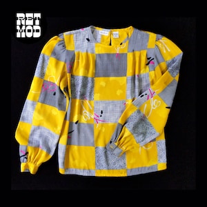 Geometric Vintage 80s 90s Yellow Abstract Art Checkerboard Long Sleeve Statement Blouse