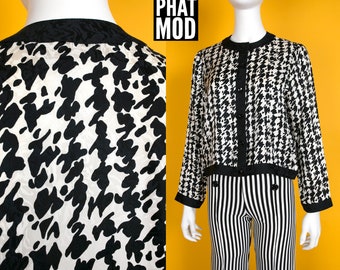 Cute Vintage 90s Black & White Abstract Print Classic Border Blouse Top