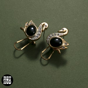 Adorable Vintage 80s 90s Gold & Black Rhinestone Swan Bird Earrings image 5