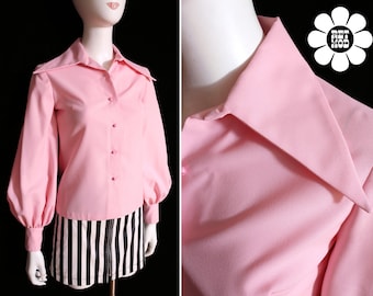 Vintage 60s 70s Light Pink Long Sleeve Big Dagger Collared Shirt with Big Sleeves