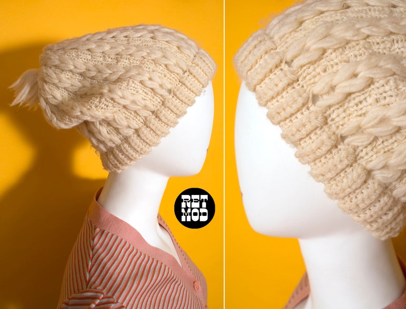 Cute Vintage 50s 60s Cream Cable Knit Wool Winter Hat with Pompom image 1