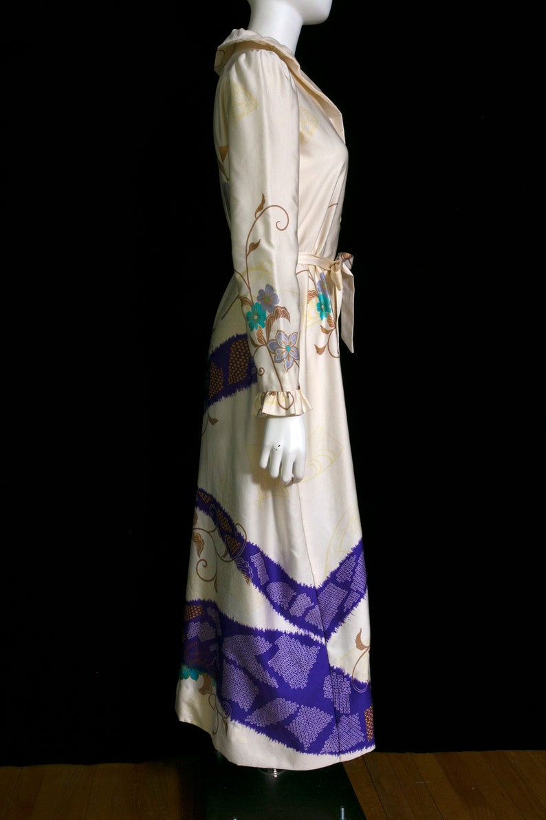 Lovely Tori Richard Vintage 60s 70s Cream-Colored, Purple, Blue Floral Maxi Dress image 8