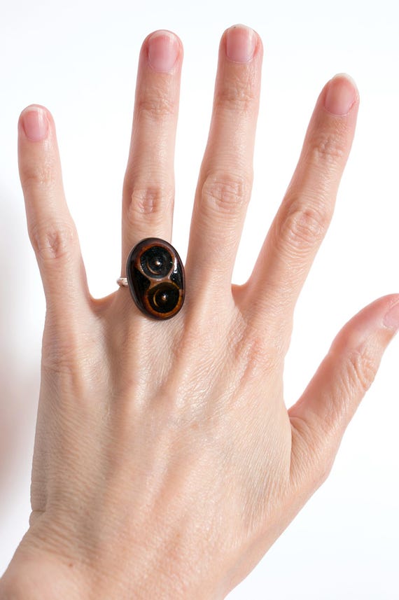 Unique 70s Brown Two Dots Ceramic Adjustable Ring - image 4