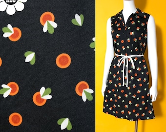 Cute Vintage 70s Black Sleeveless Dress with Oranges Mod Novelty Print
