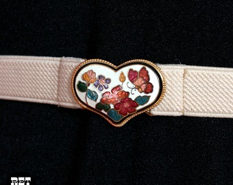 Beautiful Vintage 80s Butterfly & Flowers Cloisonné Heart Stretch Belt