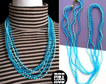 Mod Vintage 60s 70s Blue Tiny Plastic Beaded Long Necklace