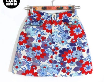 Vintage 60s 70s Red Blue White Flower Power Jean Mini Skirt