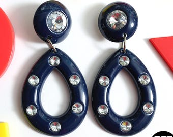 Chunky Large Vintage Navy Blue Rhinestone Dangle Doorknocker Earrings