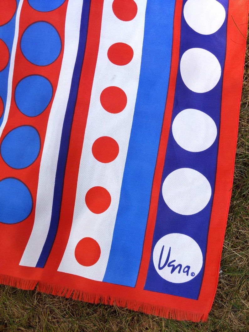 Large Vera Neumann Beauty Vintage 60s 70s Red White Blue Bold Polka Dot Long Scarf image 8