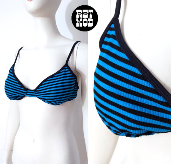 Fun Vintage 80s 90s Blue Black Stripe Bikini Top - image 1