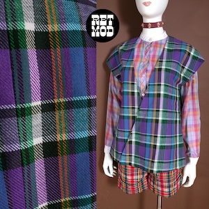 Chaleco vintage único de lana a cuadros morados de los años 70