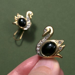 Adorable Vintage 80s 90s Gold & Black Rhinestone Swan Bird Earrings image 7