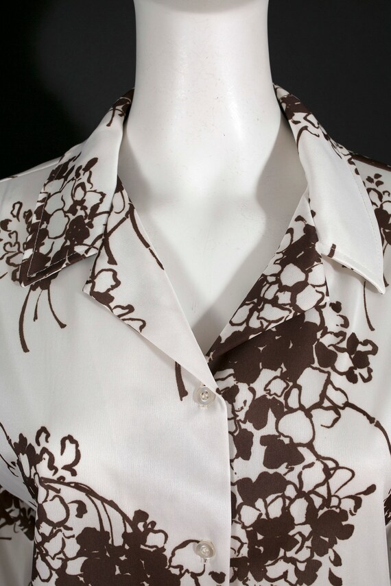 Lovely Vintage 60s 70s White Brown Floral Long Sl… - image 5