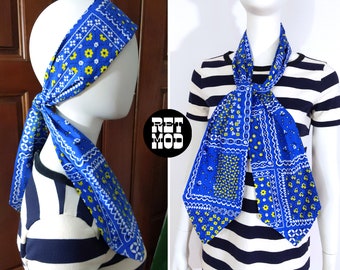 NWOT Vintage jaren '60 jaren '70 Blauw met Geel & Wit Bandana Print Lange Katoenen Sjaal