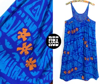 Tiki Vibes Vintage 70s 80s Blue Orange Floral Cotton Sun Dress with Lattice Top