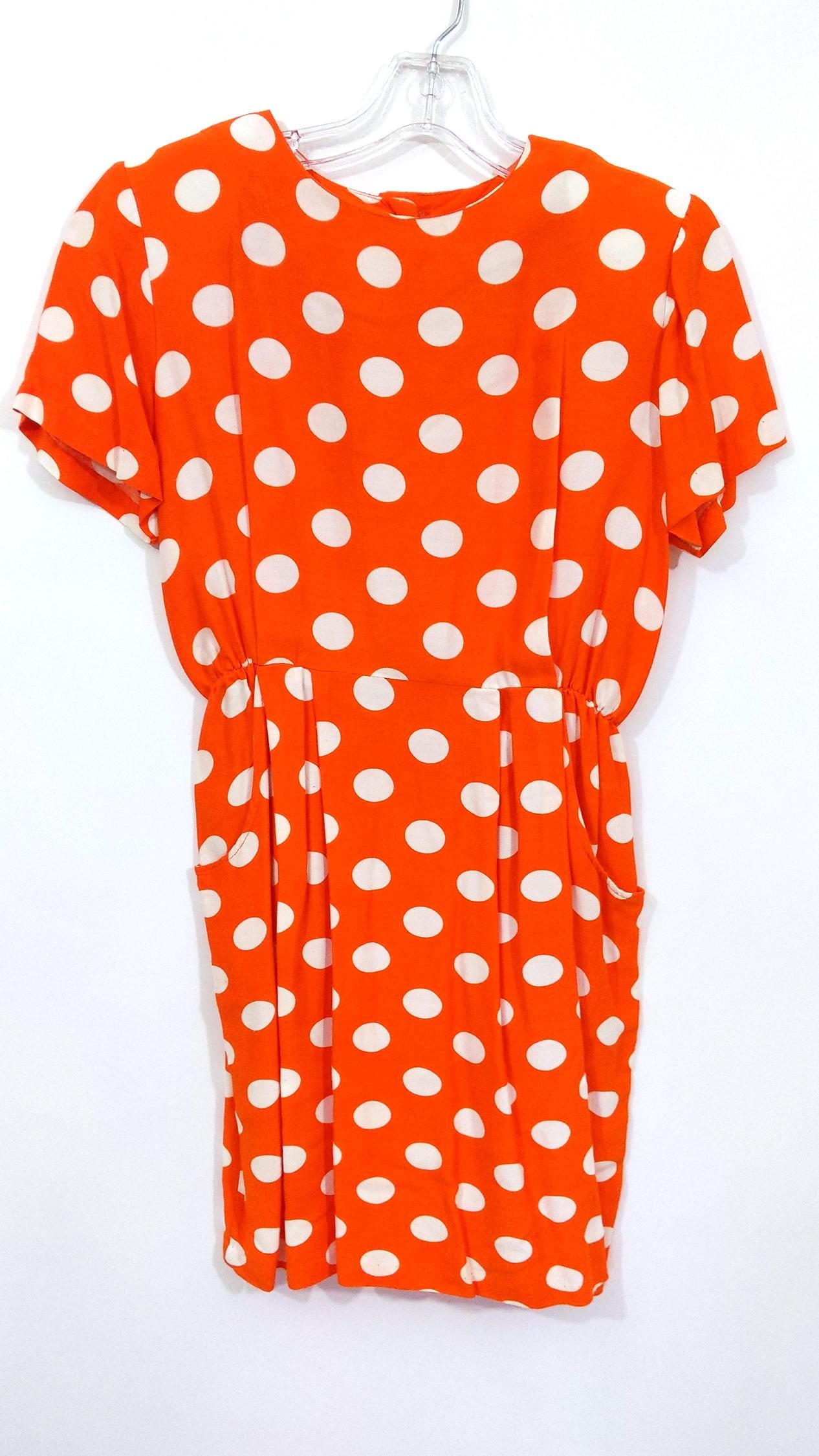 Fun Vintage 80s 90s Orange White Polka Dot Mini Dress with Pockets