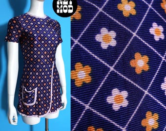 So Cute Vintage 60s 70s Indigo Blue & Orange White Flower Patterned Slinky Nylon Romper Mini Dress - As is
