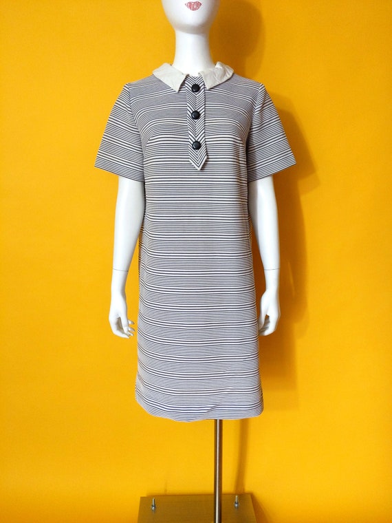 Cute Vintage 60s 70s Black White Stripe Poly Dres… - image 2