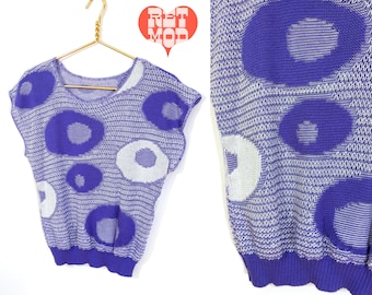 Joli haut en tricot vintage des années 70, 80, 90, violet, blanc et cercles