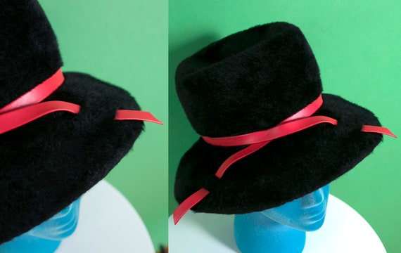 Mod Vintage 60s 70s Black Fur Bucket Hat with Red… - image 5