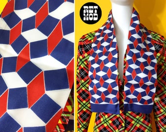 Cool Vintage 60s 70s Blue Red White Op Art Geometric Patterned Scarf