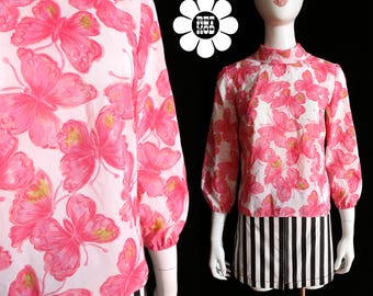 Pretty Vintage 60s Pink & White Butterfly Novelty Print Long Sleeve Lightweight Blouse