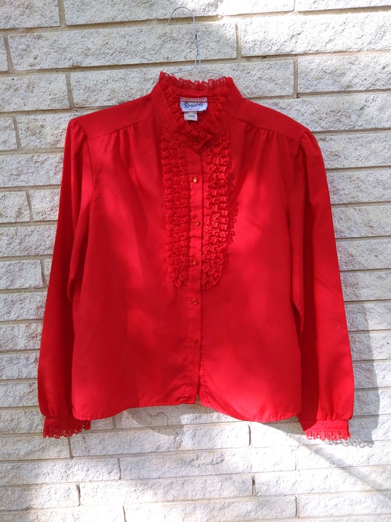 Vampy Vintage 70s 80s Red Ruffle Lace Long Sleeve… - image 8