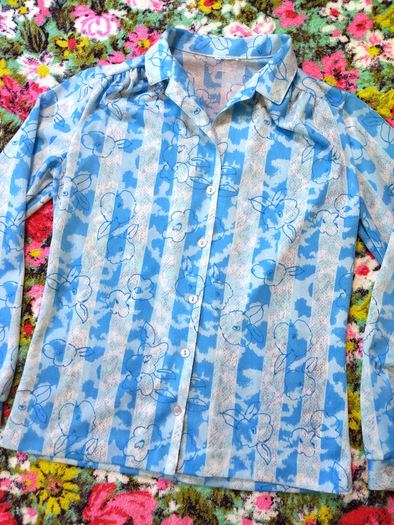 Vintage 70s 80s Pretty Blue Floral Stripe Print Blouse image 4