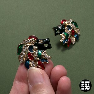 Chic Vintage 80s 90s Black Lion Head Earrings with Rhinestones & Red, Green and Blue image 9
