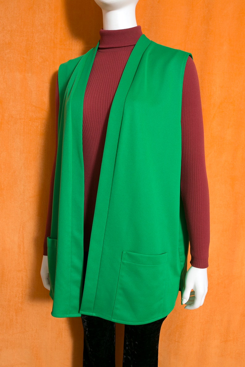 Gilet lungo in poliestere verde Kelly vintage anni '70 taglie forti con tasche immagine 2