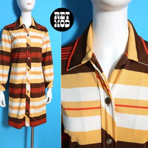 Mod Vintage 60s 70s Brown Orange Gold & White Stripe Long Sleeve Shirt Dress by Country Miss