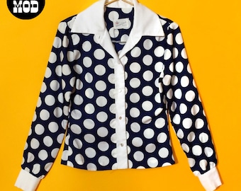 Mod Dream Vintage 60s 70s Navy Blue & White Polka Dot Long Sleeve Collared Blouse