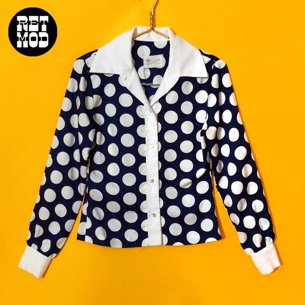 Mod Dream Vintage 60s 70s Navy Blue & White Polka Dot Long Sleeve Collared Blouse