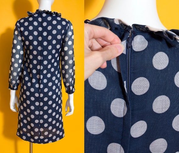 Iconic Vintage 60s Navy Blue & White Polka Dot Mo… - image 9