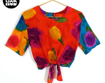 Psychedelic Colorful Vintage 80s 90s Watercolor Floral Tie Top