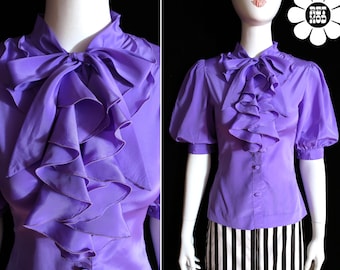 Statement Vintage 70s 80s Purple Short Sleeve Jabot Collared Blouse