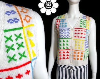 Uau! Colete de tricô branco com botões, estilo Pop Art vintage único dos anos 60/70, colorido e geométrico.