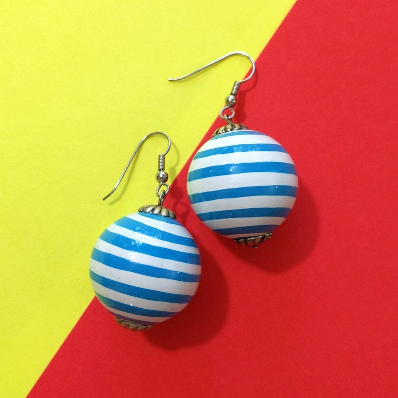 Deadstock Vintage 80s 90s Blue & White Stripe Ball Drop Earrings image 1