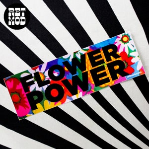 Exclusive RetMod Psychedelic "FLOWER POWER" Mini Bumper Sticker with Psychedelic Bright Floral Pattern, Show the World Your Happy Hippy Side