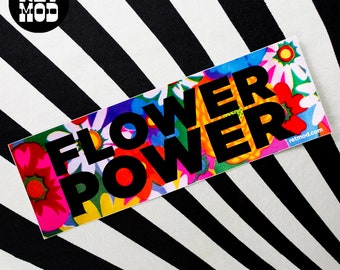 Exclusive RetMod Psychedelic &quot;FLOWER POWER&quot; Mini Bumper Sticker with Psychedelic Bright Floral Pattern, Show the World Your Happy Hippy Side