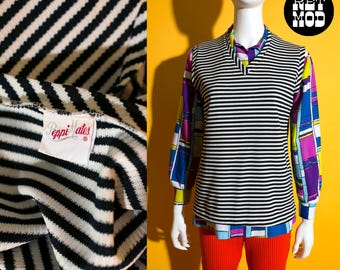 Mod Vintage 60s 70s Black & White Stripe V-Neck Top