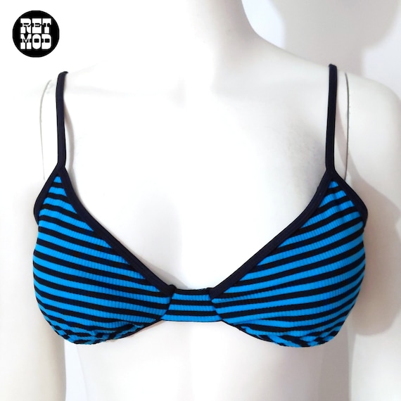 Fun Vintage 80s 90s Blue Black Stripe Bikini Top - image 2