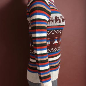 May include: A vintage-style sweater with a round neckline and long sleeves. The sweater features a striped pattern in blue, red, white, and brown. The lower portion has a brown background with white figures. The sleeves have a striped pattern.
